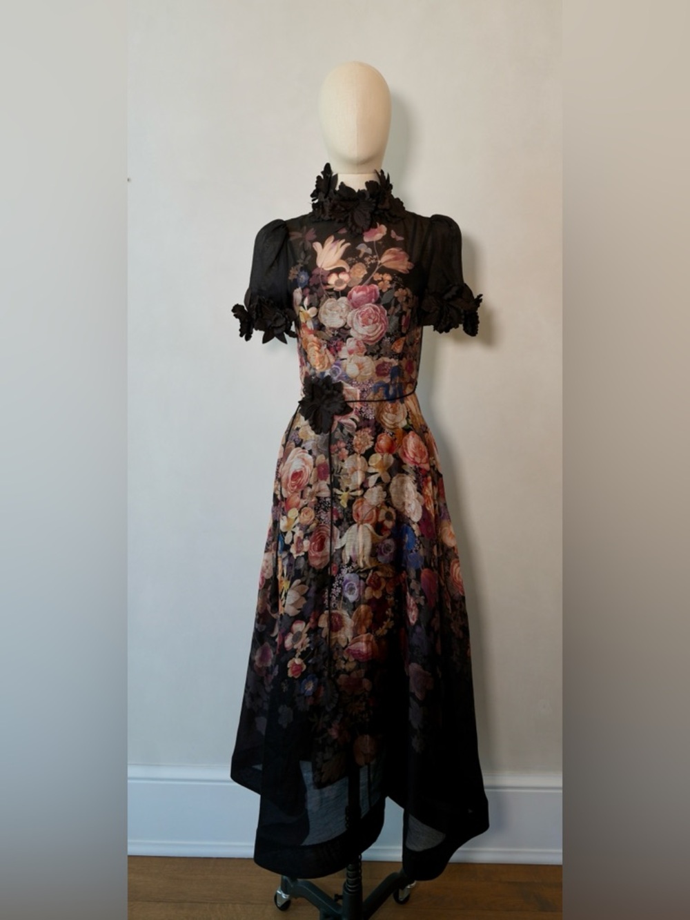 Zimmermann Black Floral Midi Dress with Pink and Cream Roses